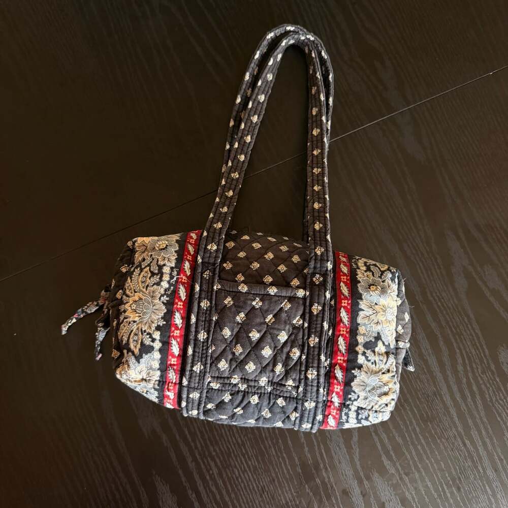 Vera Bradley Quilted Barrel Bag 10.5 Inch Black Floral